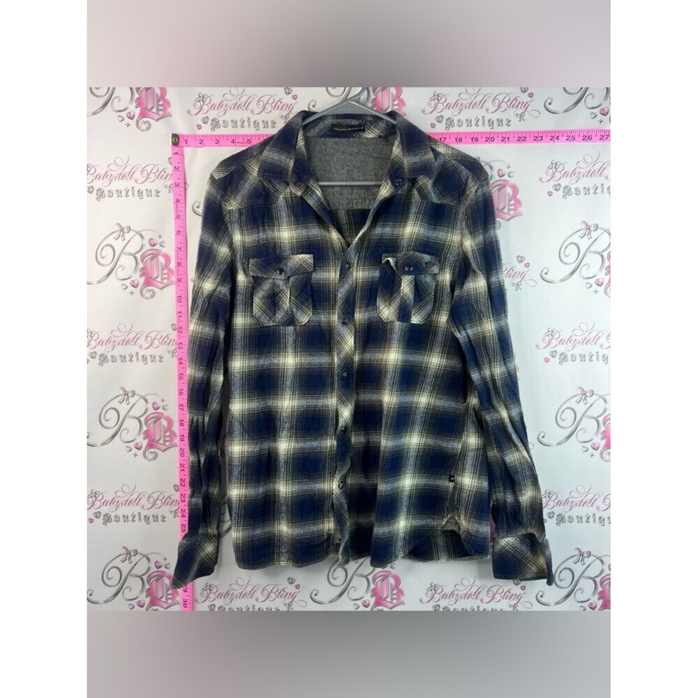 William Rast button up shirt white Navy and Cream Plaid Snap-Front Shirt